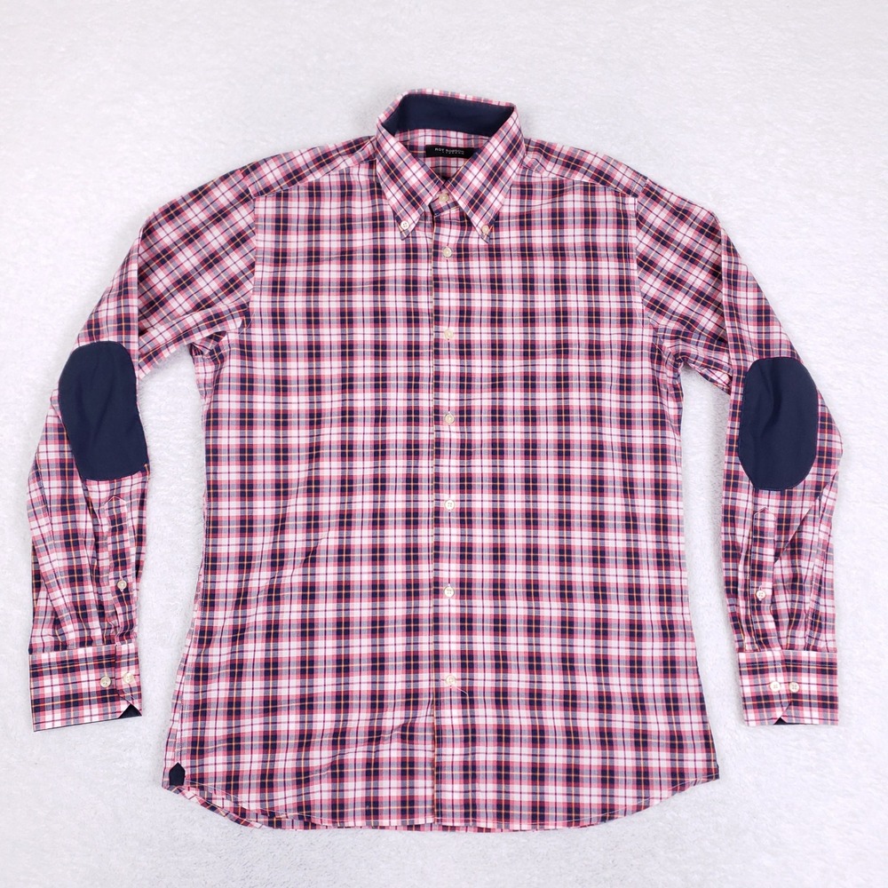 Roy Robson Plaid Button Up Shirt‎ Mens Large Elbow Patch Cotton Made In Italy